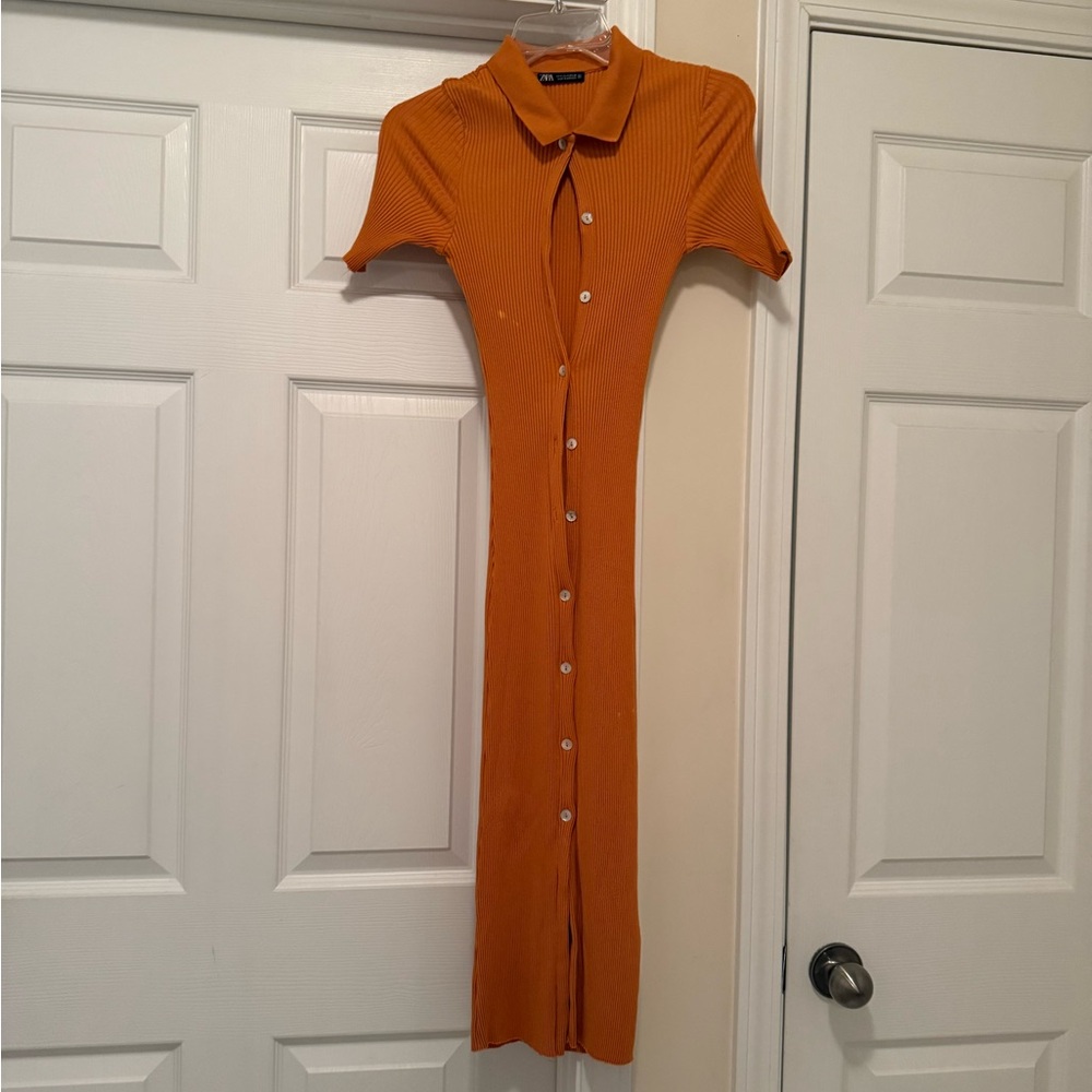 Zara Orange Ribbed Button-Down Dress